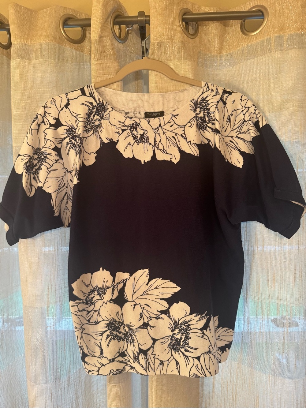 Talbots Navy and White Floral Short Sleeve Blouse